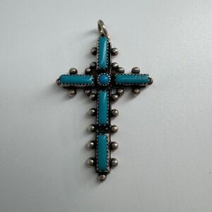 Vintage Navajo Sterling Silver Turquoise Cross Pendant - Signed Tom Bahe
